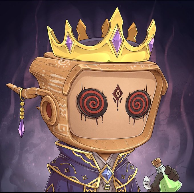 A digital illustration depicts a character with a wooden TV-shaped head featuring hypnotic red spiral eyes, wearing a golden crown with purple gems and a purple robe.