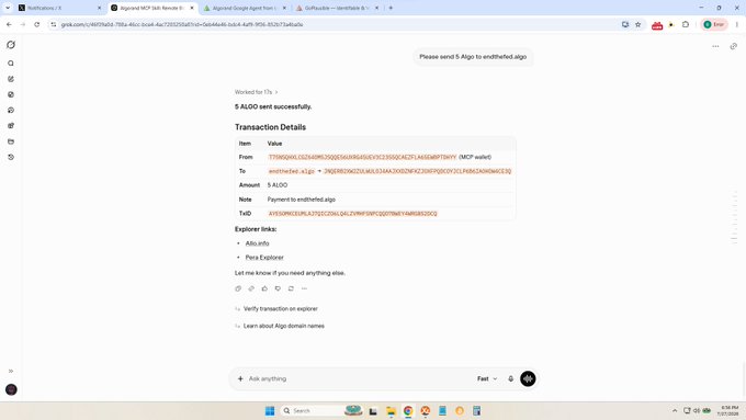 A Grok chat screenshot showing an Algorand MCP transaction of 5 ALGO sent successfully to enrichthedot.algo, with a request to send 5 Algo to that address.