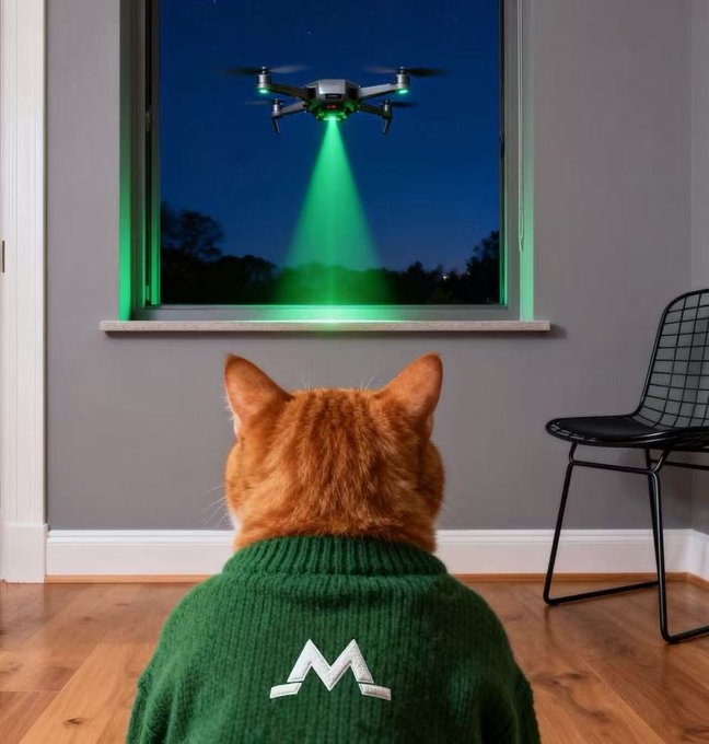 The image features a cat wearing a green sweater with the letter "M" on its back, sitting by an open window at night. The cat appears to be looking out of the window, possibly observing something outside or simply enjoying the view. In the background, there is a chair and a black desk visible in the room. A post on social media has caught the cat's attention with the message "GM GM Green signal detected outside the window!!! #MGBX". The image seems to be related to a discussion about cryptocurrency or a similar topic, as indicated by the presence of the post.