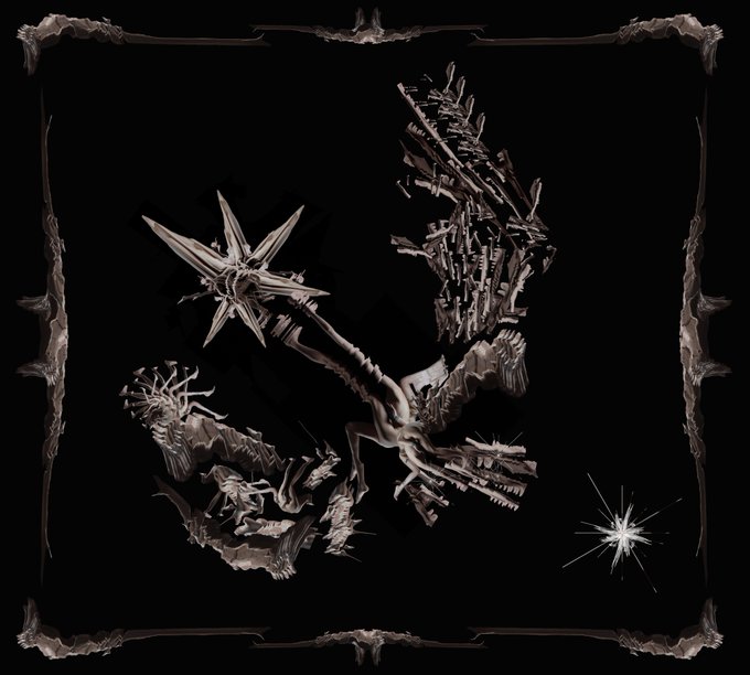 A monochromatic dark fantasy artwork featuring a winged, star-headed creature amid swirling dark architectural elements, with a small bright star in the lower right.