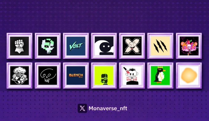 A promotional graphic for "Monaverse_nft" displayed on a purple background, featuring 14 framed NFT project artwork previews including logos and designs for "VOLT," "BLENCH," "One DIE," and others, showcasing the upcoming NFT projects mentioned in the accompanying post.