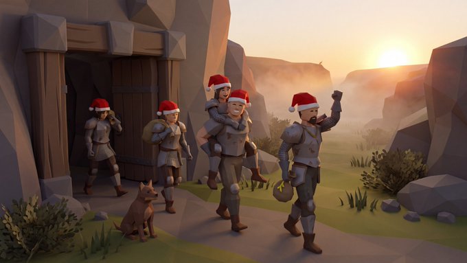 A group of cartoon-style knights wearing red Santa hats as they march out of a stone doorway into a rocky landscape at sunset, accompanied by a small dog.