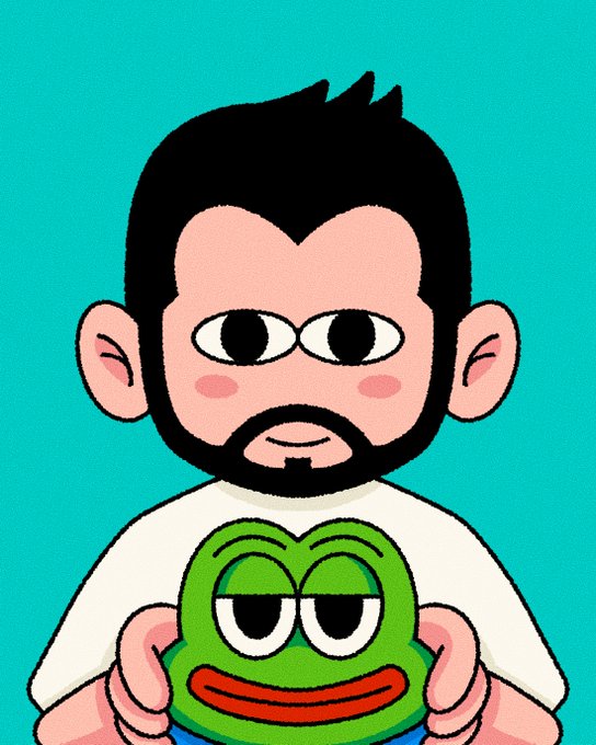 A cartoon illustration shows a bearded man in a white t-shirt holding a green, sleepy-eyed frog-like creature against a teal background.