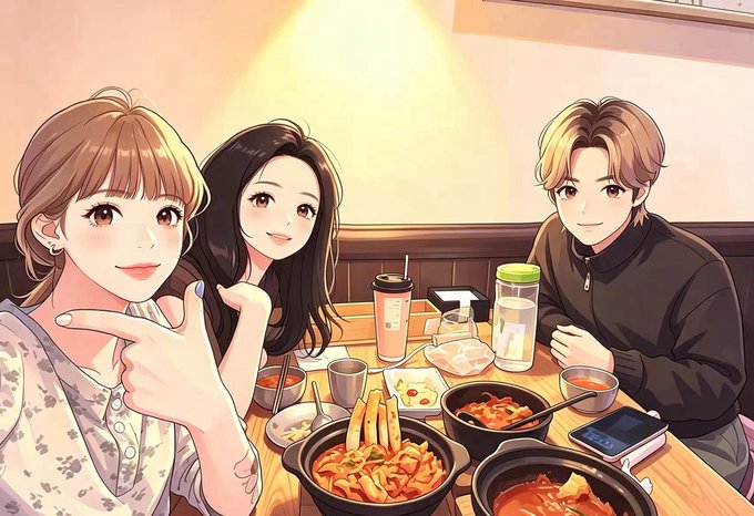 An anime-style illustration shows three characters—two girls and a boy—sitting at a table enjoying a meal together in a warmly lit setting.