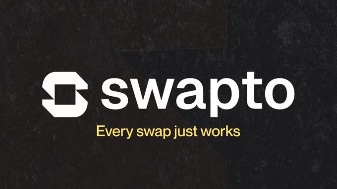A logo image for 'swapto' with the tagline 'Every swap just works' on a dark textured background.