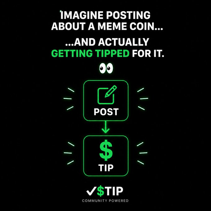 v$Tip promotional graphic with text 'IMAGINE POSTING ABOUT A MEME COIN... AND ACTUALLY GETTING TIPPED FOR IT' featuring a flowchart from POST to TIP, labeled 'COMMUNITY POWERED'.