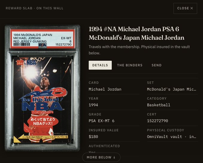 A webpage displaying a graded 1994 McDonald's Japan Michael Jordan PSA 6 basketball trading card, with an insured value of $180 and physical custody at an OmniVault vault.