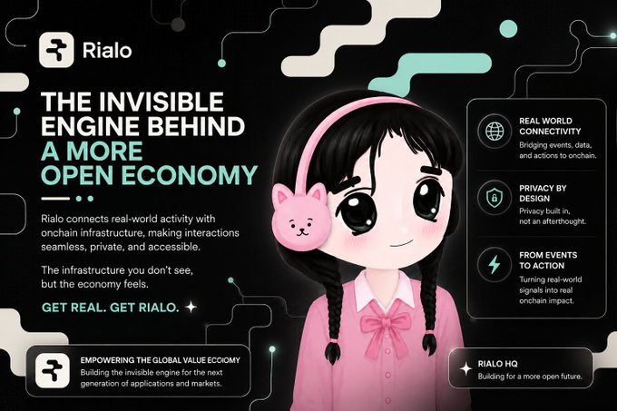 A promotional graphic for Rialo, titled 'THE INVISIBLE ENGINE BEHIND A MORE OPEN ECONOMY,' featuring an anime-style girl with pink cat earmuffs and details on real-world connectivity, privacy, and events to action.