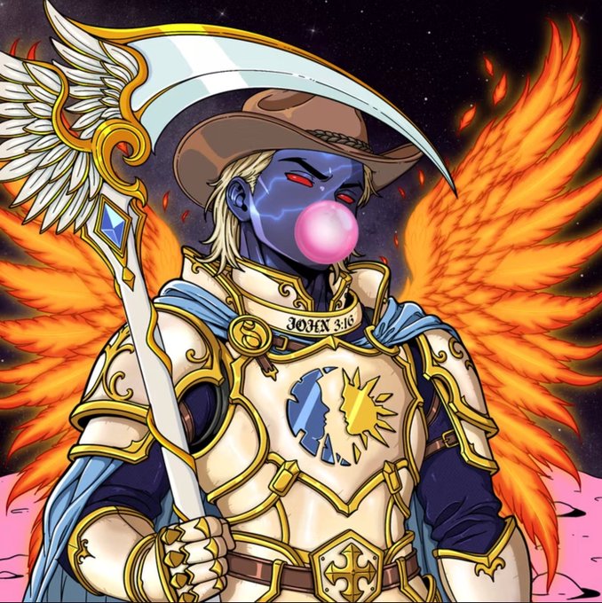 A fantasy illustration depicts an armored angelic figure with fiery wings, a cowboy hat, and a cowboy hat, blowing a pink bubblegum bubble, with 'JOHN 3:16' inscribed on the chest plate.