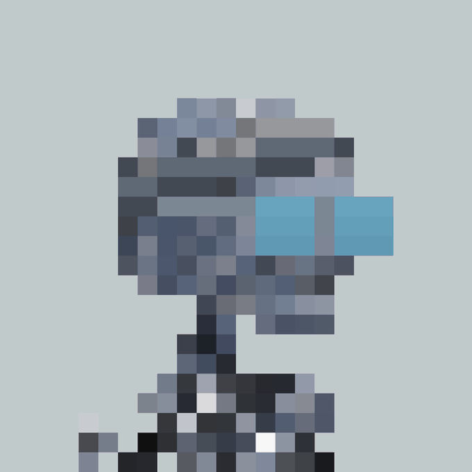 Pixel art of a figure in dark blue/gray armor with a light blue visor on a light blue background.