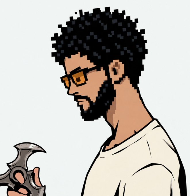A pixel art illustration showing a side profile of a Black man with an afro, beard, and amber glasses, holding a silver crescent-shaped weapon.
