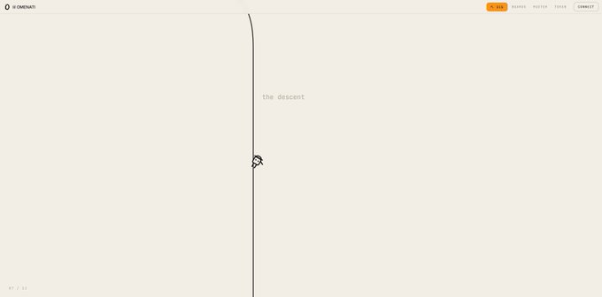 A minimalist white webpage from 'ai CROWDATE' displaying the text 'the descent' with a small rocket icon ascending a vertical line.