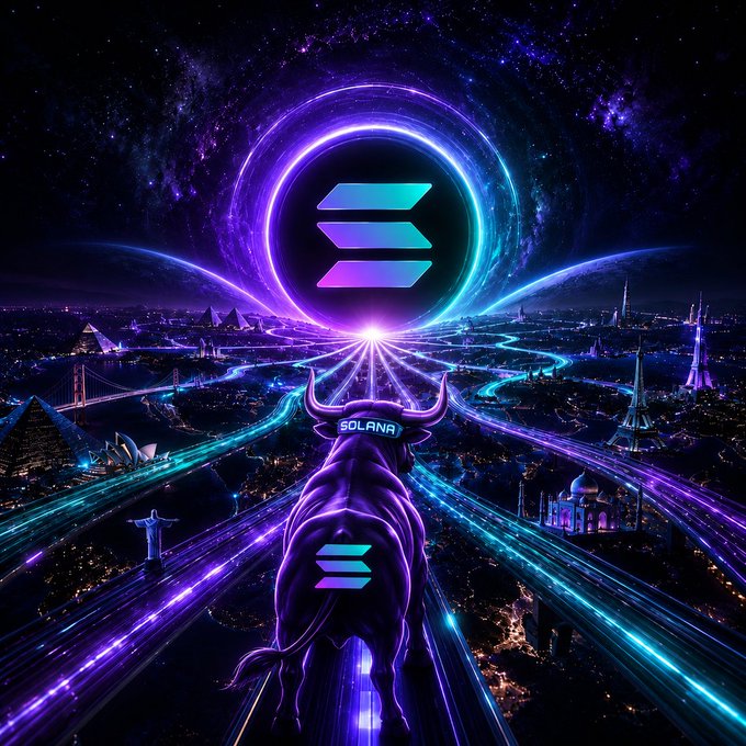 A bull adorned with the "SOLANA" name and logo stands before a vibrant, futuristic cityscape filled with iconic landmarks, all connected by glowing digital pathways leading to the Solana logo. This imagery visually represents the post's message of "ALL ROADS LEAD TO SOLANA."