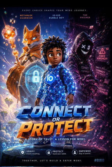 The image features an advertisement for a movie called "Connect or Protect", which is about trust, deception, and staying safe in web3. The poster includes three cartoon characters - a boy with headphones, a fox, and a girl wearing a hoodie. The text on the poster reads "Connect or Protect" and "a story about trust, deception, and staying safe in web3".