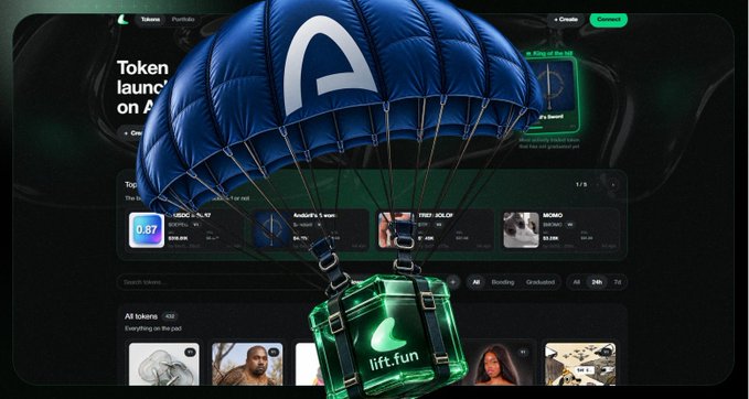 A website screenshot showing a token launch on 'liftoff.fun' with a blue Airdrops parachuting a green gift box into the foreground.