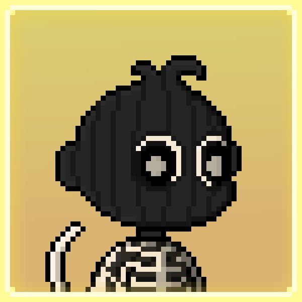 A pixel art illustration of a black, round-headed character with large expressive eyes, a small antenna, and a thin tail, shown against a yellow gradient background.