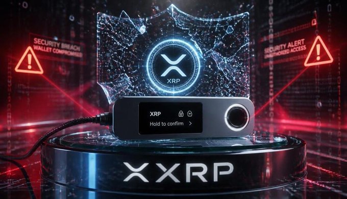 A Ledger hardware wallet displays an XRP transaction prompt reading 'XRP Hold to confirm >', surrounded by red 'SECURITY BREACH WALLET COMPROMISED' and 'SECURITY ALERT UNAUTHORIZED ACCESS' warning holograms, with an XRP logo hovering above.