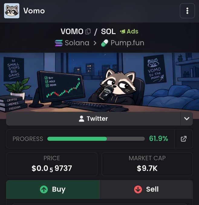 A Pump.fun token page for 'VOMO' on the Solana network, showing 61.9% bonding curve progress, a price of $0.059737, and a market cap of $9.7K, with Buy/Sell options and an illustration of a raccoon at a trading desk.