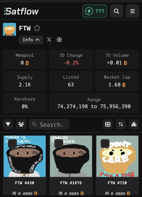 A Satflow cryptocurrency dashboard showing stats for the FTW token, including a Mempool of 0 B, 7D Change of -0.2%, Supply of 2.1K, and Listed at 63, with three NFT thumbnails below.