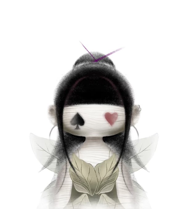 A stylized illustration of a fairy-like character with bandages wrapped around her eyes featuring a black spade and red heart in place of one eye, with leaf-like wings and crossed arms. The whimsical, ethereal artwork visually represents the unique, artist-crafted NFT collection referenced in the post, standing apart from copycat projects while sharing a similar aesthetic vibe with its own original creative identity.