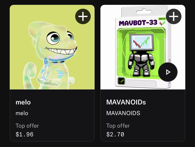 An NFT marketplace interface displaying two digital collectibles: a translucent yellow chameleon character named 'melo' with a top offer of $1.96, and a robot figurine in packaging named 'MAVANOiDs' with a top offer of $2.70.