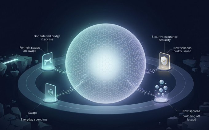 A digital/tech illustration featuring a glowing hexagonal sphere with various features labeled including 'Doriente fnd bridge in access', 'Security assurance', 'New sokens buddy issued', 'Swaps Everyday spending', and 'New soeens budding off issued'.