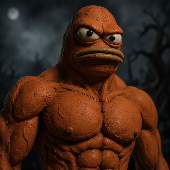 A 3D rendered character resembling a muscular, clay-textured humanoid figure with a grumpy expression against a dark background.
