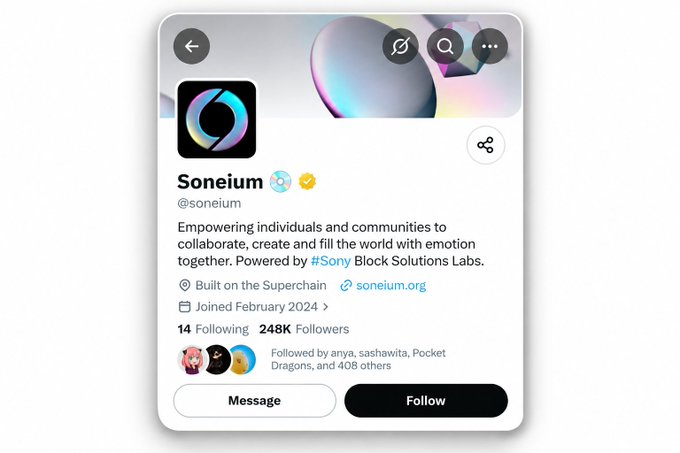 The Twitter/X profile of Soneium (@soneium), describing itself as 'Empowering individuals and communities to collaborate, create and fill the world with emotion together' by Sony Block Solutions Labs, with 248K followers.