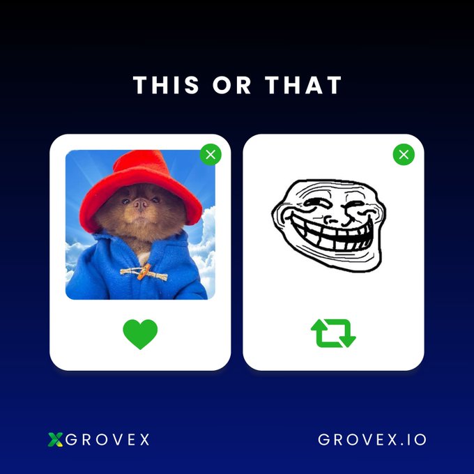 A 'THIS OR THAT' game screen from Grovex.io shows a choice between a bear in a red hat and blue coat (heart selected) versus a black and white troll face meme.