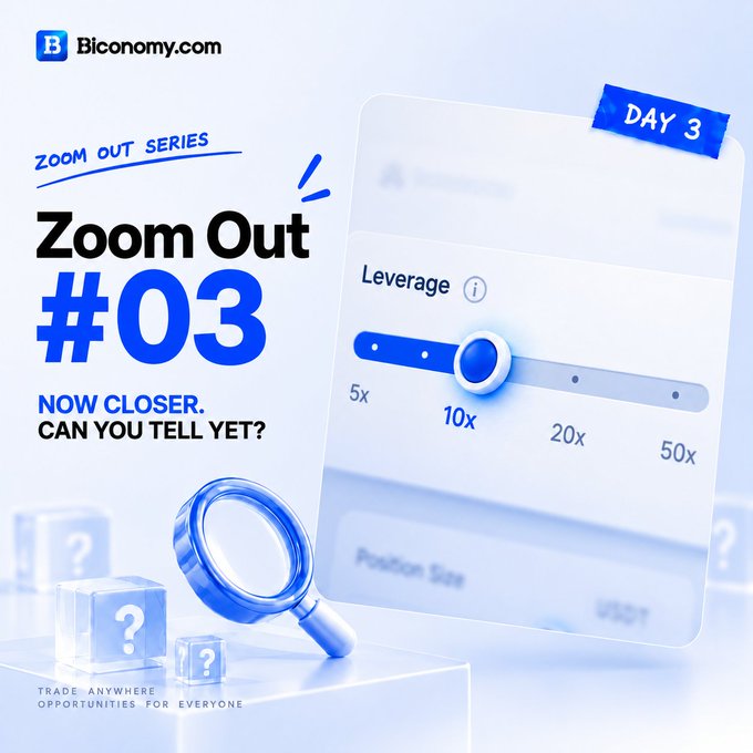 A promotional graphic for Biconomy.com titled "Zoom Out #03" with the tagline "NOW CLOSER. CAN YOU TELL YET?" shows a leverage slider set to 10x, alongside "DAY 3" and "TRADE ANYWHERE OPPORTUNITIES FOR EVERYONE."