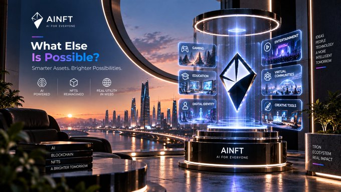 Another promotional graphic for AINFT ('AI FOR EVERYONE') featuring a futuristic cityscape at sunset with floating holographic cubes labeled 'GAMING', 'EDUCATION', 'DIGITAL IDENTITY', 'ENTERTAINMENT', 'VIRTUAL COMMUNITIES', and 'CREATIVE TOOLS', along with the text 'What Else Is Possible? Smarter Assets. Brighter Possibilities.'