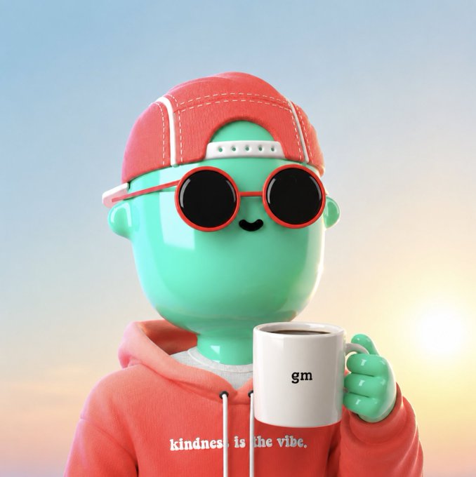 A 3D-rendered character with a smooth teal face, round red sunglasses, and a backwards red cap, holding a white mug that says 'gm', wearing a red hoodie that reads 'kindness is the vibe.' against a sunset sky.