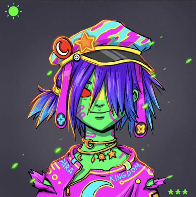 A colorful digital illustration of a green-faced anime-style character with purple hair, wearing a patterned military-style cap and jacket with 'KINGDOM' and 'MARA' text.