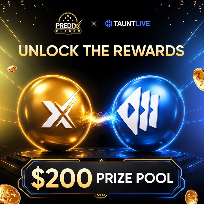 A promotional banner for 'PREDIX PLINKO' x 'TAUNTLIVE' featuring glowing gold and blue orbs with the text 'UNLOCK THE REWARDS' and a '$200 PRIZE POOL'.