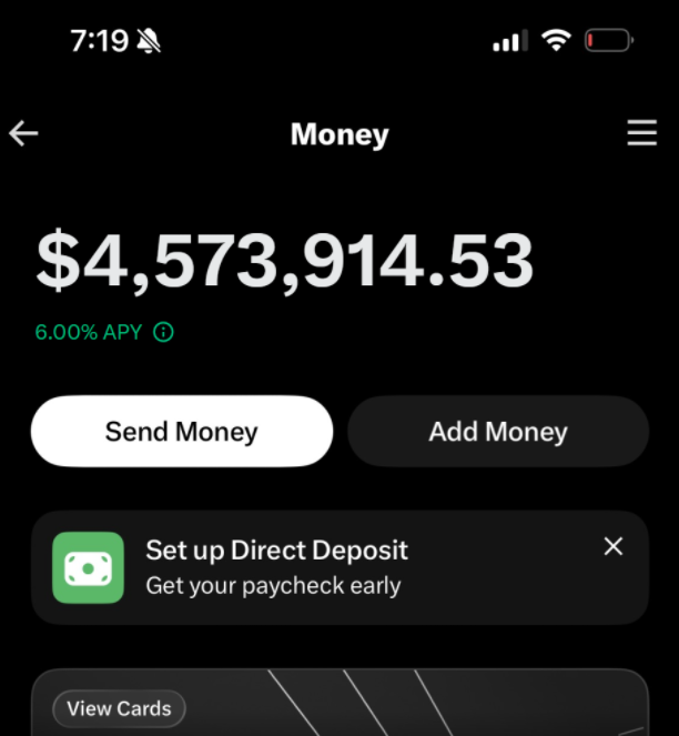 A mobile banking app screenshot displays a Money balance of '$4,573,914.53' with options to 'Send Money' and 'Add Money' on a dark background.