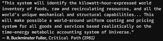 A black background with white typewriter-style text displaying a quote by R. Buckminster Fuller from his 1981 book "Critical Path" about a kilowatt-hour-based world resource inventory and uniform costing system.