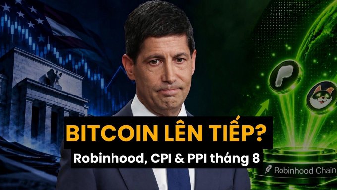 A thumbnail featuring a man in a suit with Vietnamese text "BITCOIN LÊN TIẾP? Robinhood, CPI & PPI tháng 8" alongside a Robinhood Chain logo and green glowing cryptocurrency graphics.