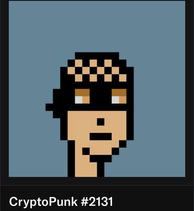Pixel art portrait of a CryptoPunk with a black checkered bandana, identified as "CryptoPunk #2131" in text below, likely being auctioned or sold via Solana (SOL) based on the accompanying post.