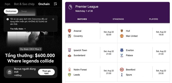 A sports betting app interface in Vietnamese showing Premier League matchday 1 fixtures including Arsenal vs Coventry, alongside promotional text mentioning a $600,000 prize pool.