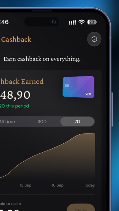 A smartphone screen displaying a cashback earnings app showing $48.90 earned this period with a 7-day earnings graph trending upward.