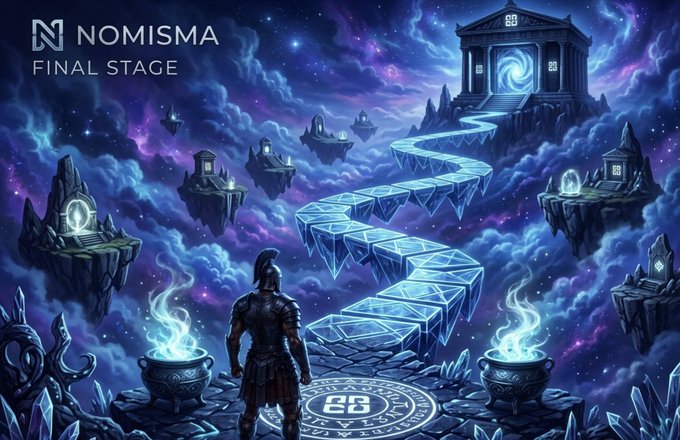 A fantasy landscape illustration titled 'NOMISMA FINAL STAGE' depicting a warrior in armor standing before a glowing pathway leading to a temple in the sky, with floating islands and mystical braziers in a starry purple environment.