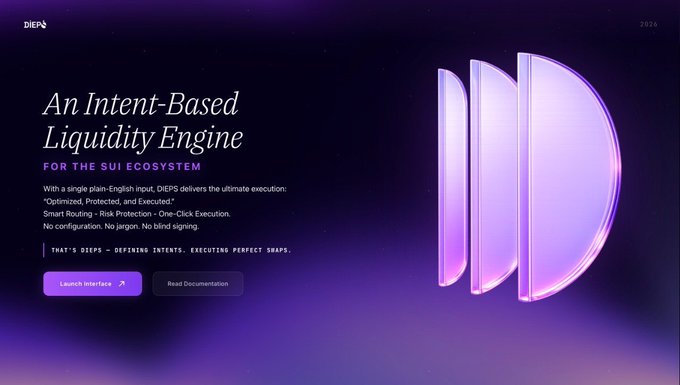 The image shows a website with a purple background featuring three circles of different sizes stacked vertically against each other, creating an interesting visual effect. The text at the top of the image reads "An intent-based liquidity engine for the Sui ecosystem". Below this, there is a description of what the engine does and its purpose in the context of the Sui network.