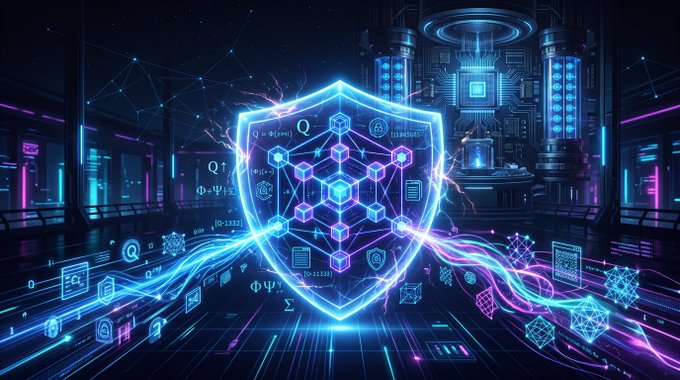 A futuristic digital illustration showing a glowing blue shield with mathematical symbols and formulas (Q, Φ, Σ) protecting against cyber threats, surrounded by holographic data flows in a dark tech environment.