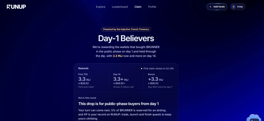 Screenshot of the RUNUP crypto platform website showing a 'Day-1 Believers' page for the Injective Trench Treasury, offering 3.3+ INJ rewards for day 1 buyers.
