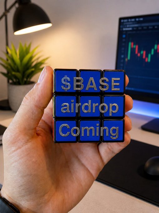 A hand holds up blue toy blocks spelling "$BASE airdrop Coming" in front of a desk setup featuring a monitor displaying a candlestick chart. The image playfully teases the possibility of a future Base token airdrop, tying into the post's discussion of Base's broader ecosystem ambitions beyond just being another Layer 2.