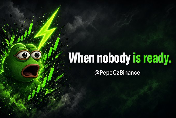 A shocked green Pepe frog character with a lightning bolt on its head is shown next to falling green stock chart bars, with text reading 'When nobody is ready.' and '@PepeCzBinance'.