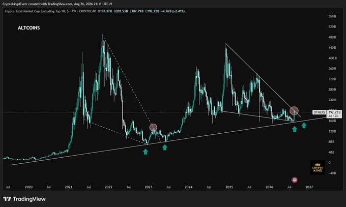 TradingView chart of the TOTAL ALTCOINS market cap from 2019 to 2027, showing a long-term symmetrical triangle pattern with technical analysis annotations.