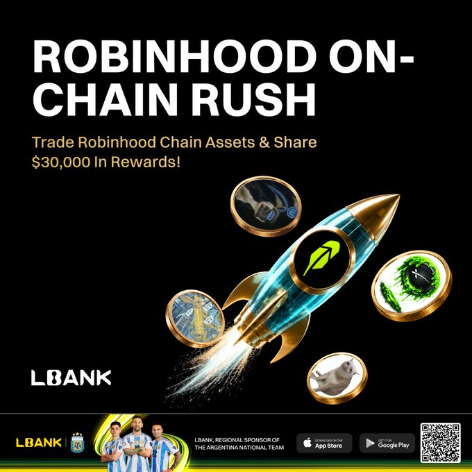 The image is a promotional graphic for the "Robinhood On-Chain Rush" event, featuring a stylized rocket with the Robinhood logo surrounded by coin tokens, advertising a $30,000 rewards pool for trading Robinhood Chain assets, with the LBank exchange branding and Argentina National Team sponsorship at the bottom.