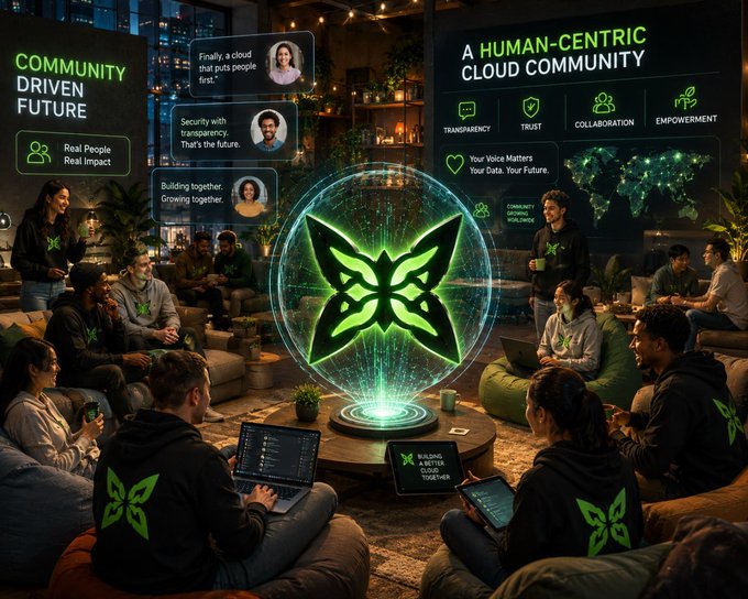 The image features a group of people sitting around a table, some using laptops while others are engaged in conversation. The main focus of the scene is a large butterfly-shaped object placed at the center of the room. The butterfly symbolizes unity and collaboration among the individuals present. The overall atmosphere suggests that this gathering could be part of an event or meeting related to technology, innovation, or community building.