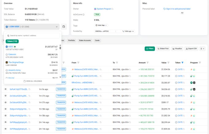 The image shows a cryptocurrency portfolio tracking dashboard displaying a wallet ("n0nDune") with a total value of $1,118,929.63, containing 1.08M USDC and 110 tokens, with transaction history showing notable holdings like Coinbase (4,701.99 CATE, $88,967.25) and The Original Doge (3.60 ODOGE, $14.15). The post's mention of "$CATE" relates to the visible token holdings, where CATE appears to be a prominent asset in the wallet's portfolio.